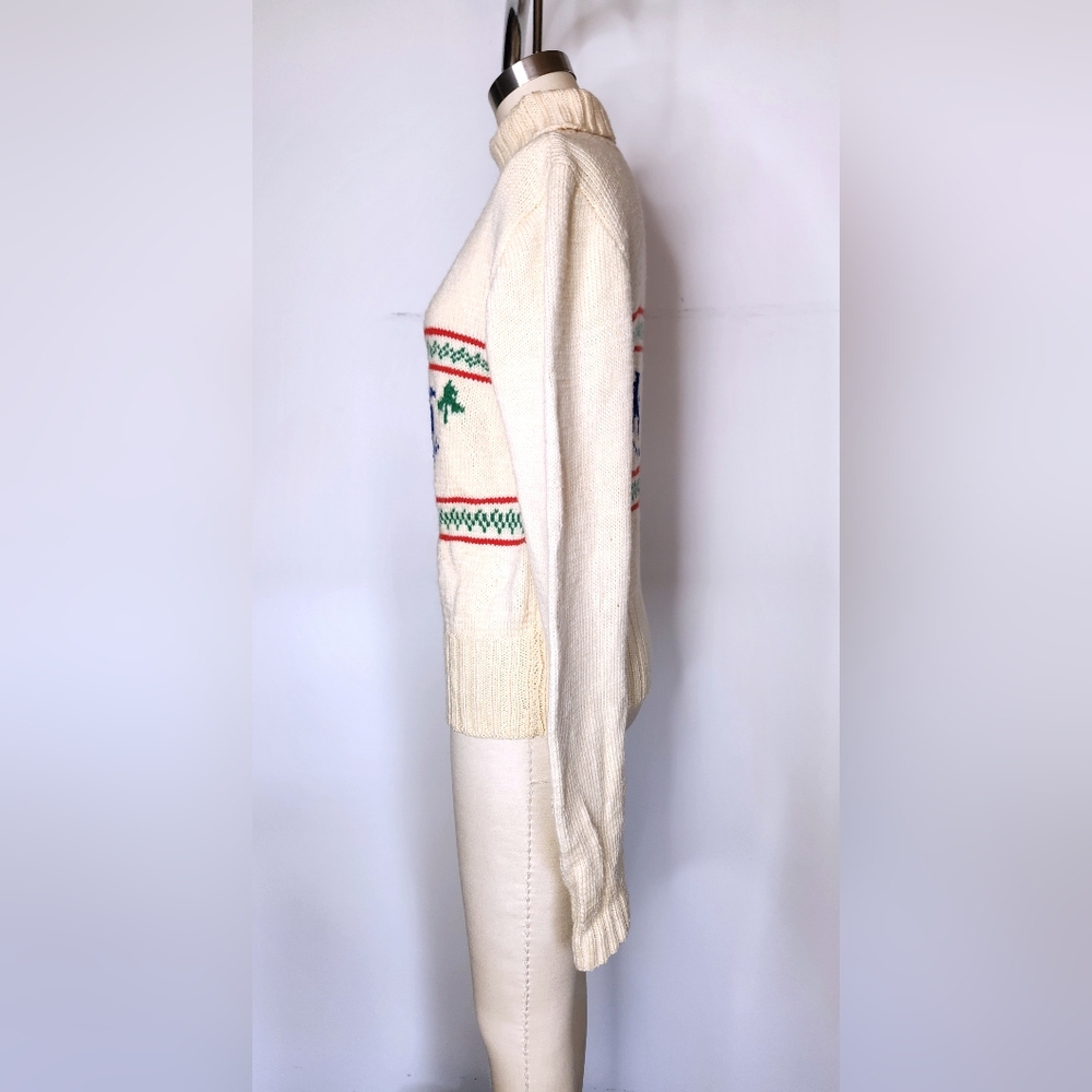 Vintage SKI Knit Sweater - Folklore Sweater - Novelty Knit Skiing Wool 70s XS S - Picture 7 of 8